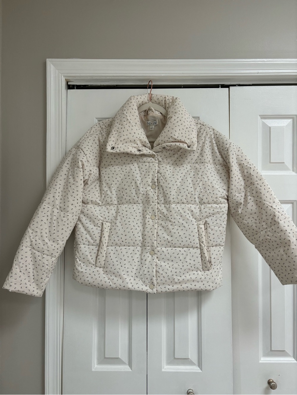 She + Sky Cream Puffer Jacket with Subtle Black Dot Print
